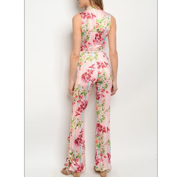 Pink striped floral choker jumpsuit. - Picture 2 of 4